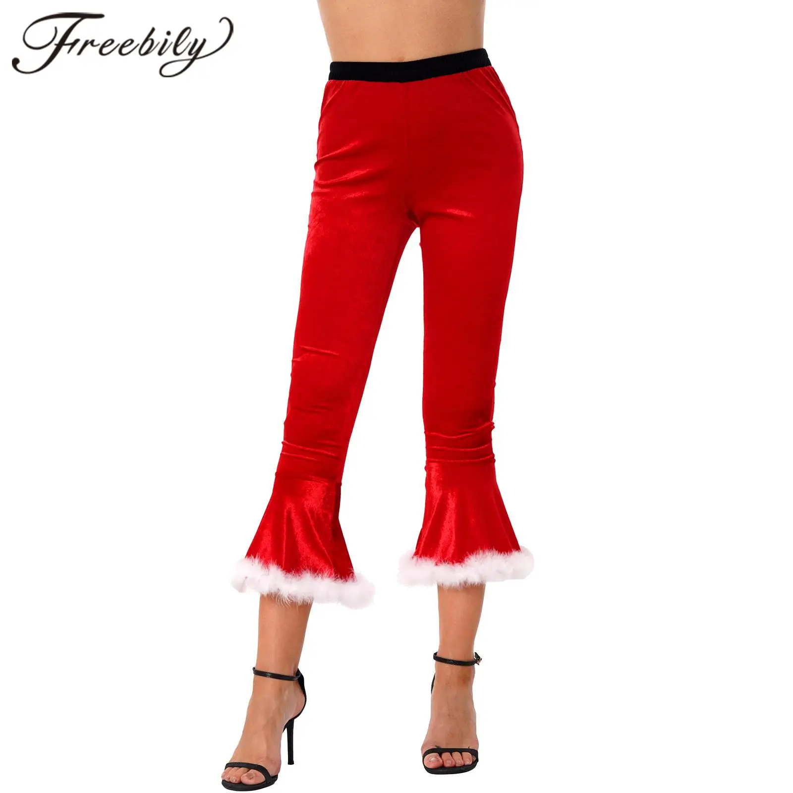 Christmas Costume Womens Mrs Santa Red Velvet Pants Elastic Waistband Faux Fur Flared Pants Bell Bottoms for Xmas New Year Party