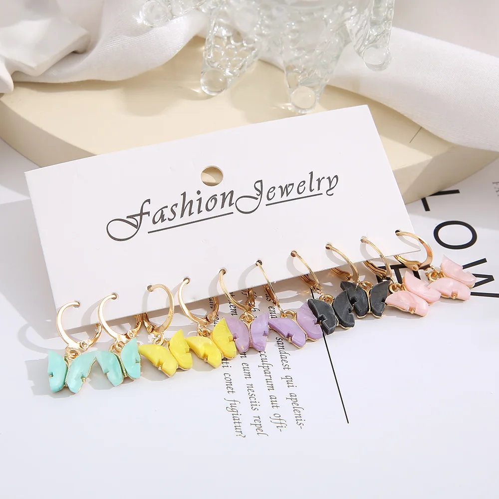 Bohemia Colorful Pink Acrylic Butterfly Dangle Earrings Set for Women Teens Gold Color Alloy Metal Vintage Drop Earring Jewelry