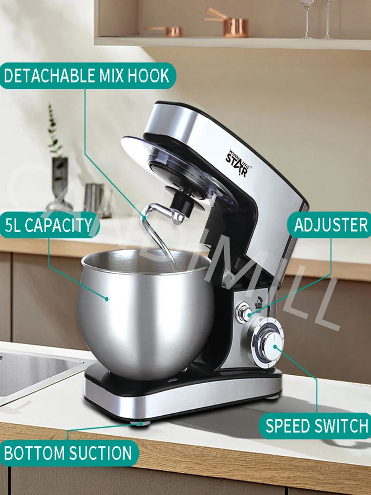 5L Kitchen Mixer /Dough Kneading/Whip Cream Machine 1000w Power Desktop Appliances Home With Three Types Of Mixing Heads