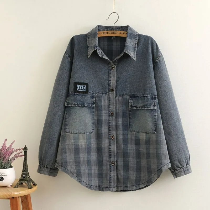 spring 2025 new style loose and comfortable women's 200 pounds plaid patchwork denim shirt blouse