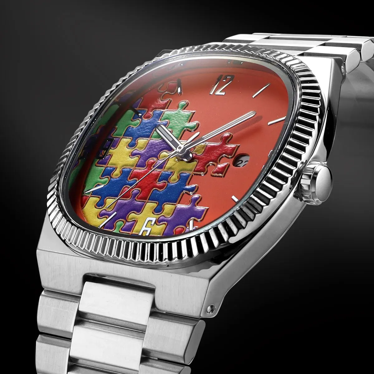 Men's Fashion Cartoon Pattern Quartz Wristwatch Durable Stainless Steel Strap Analog Watch with Calendar Display Jigsaw Dial