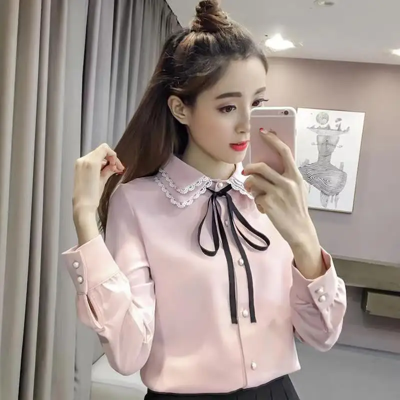 Women's Long-Sleeved Lace Shirt, Elegant Retro Women Blouses, Sweet Bow Tie Blouse, Tops, Spring, New, XS-4XL, 2022