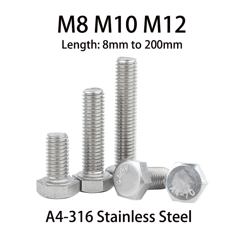 Marine Grade A4 Stainless Steel External Hex Bolt M8 M10 M12 Outside Hexagon Screw Bolts Length10mm to 200mm Metric Thread