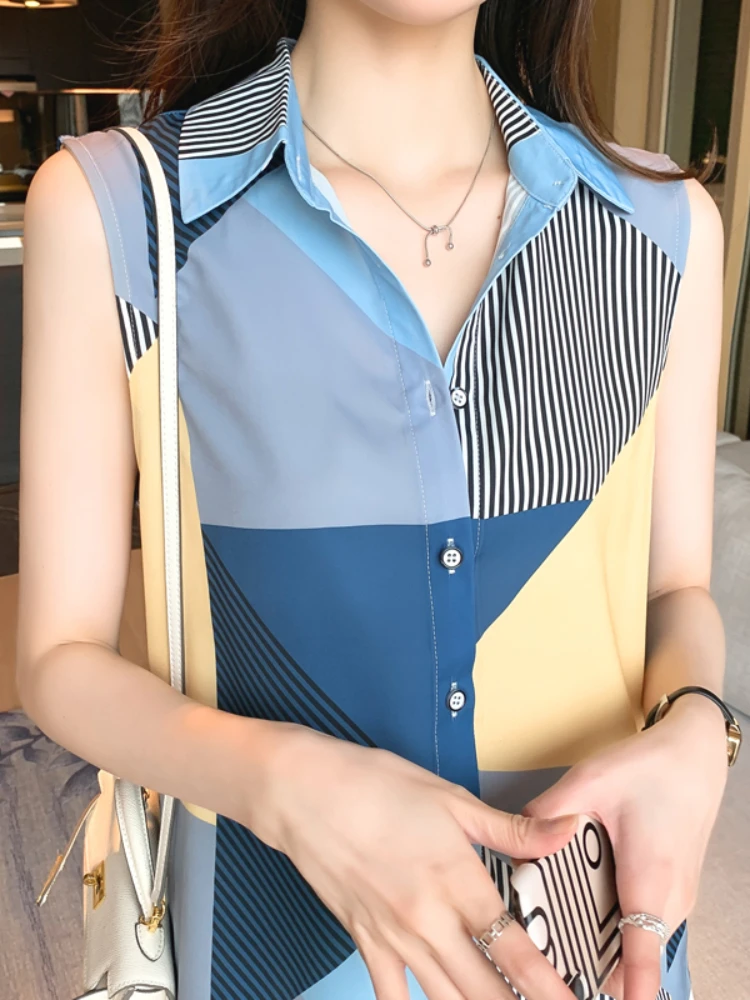 Satin Women Shirt V neck Patchwork Blouse Sleeveless Chiffon Women Tops and Shirts Fashion Clothes Woman 2022 Summer Ladies Tops