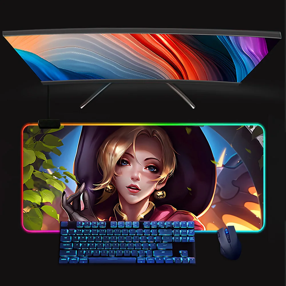 O-Overwatch Mercys RGB Pc Gamer Keyboard Mouse Pad Mousepad LED Glowing Mouse Mats Rubber Gaming Computer Mausepad