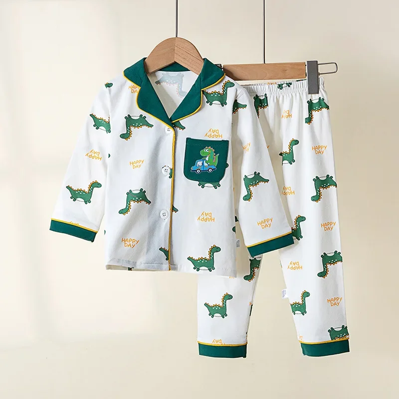 

Children's Spring Lycra Pajamas Set Boys Girls Cute Cartoon Print Long Sleeve Lapel Soft Sleepwear Baby Casual Loose Homewear