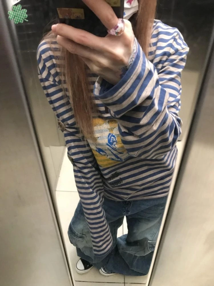 Sweet Trendy Hot Sell Long Sleeve Vintage Crop Top All-match Slim Stripe Minority T-shirt Simple Office Lady Y2K Shirts
