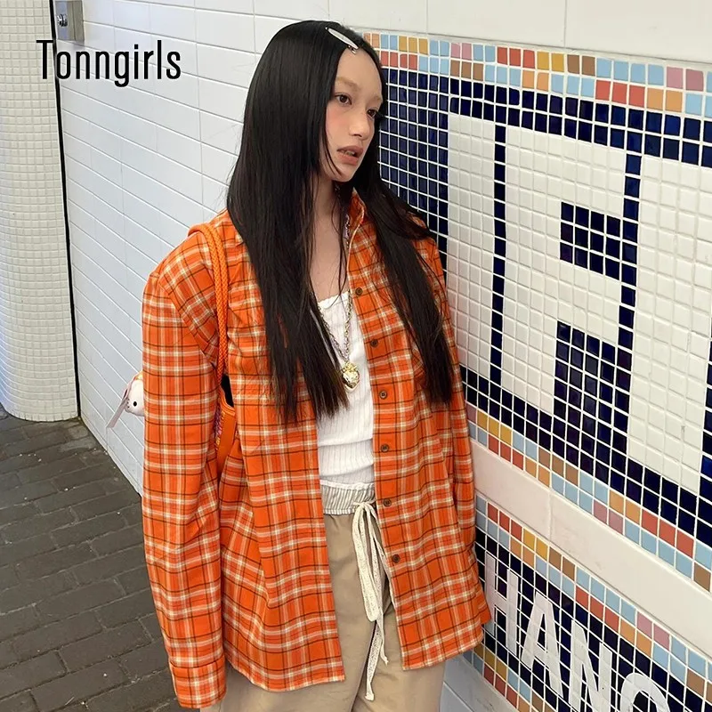 Tonngirls Vintage Shirt Women Orange Plaid Casual Shirt Vintage Retro American Long Sleeve Blouse Tops Streetwear E-girls Tops