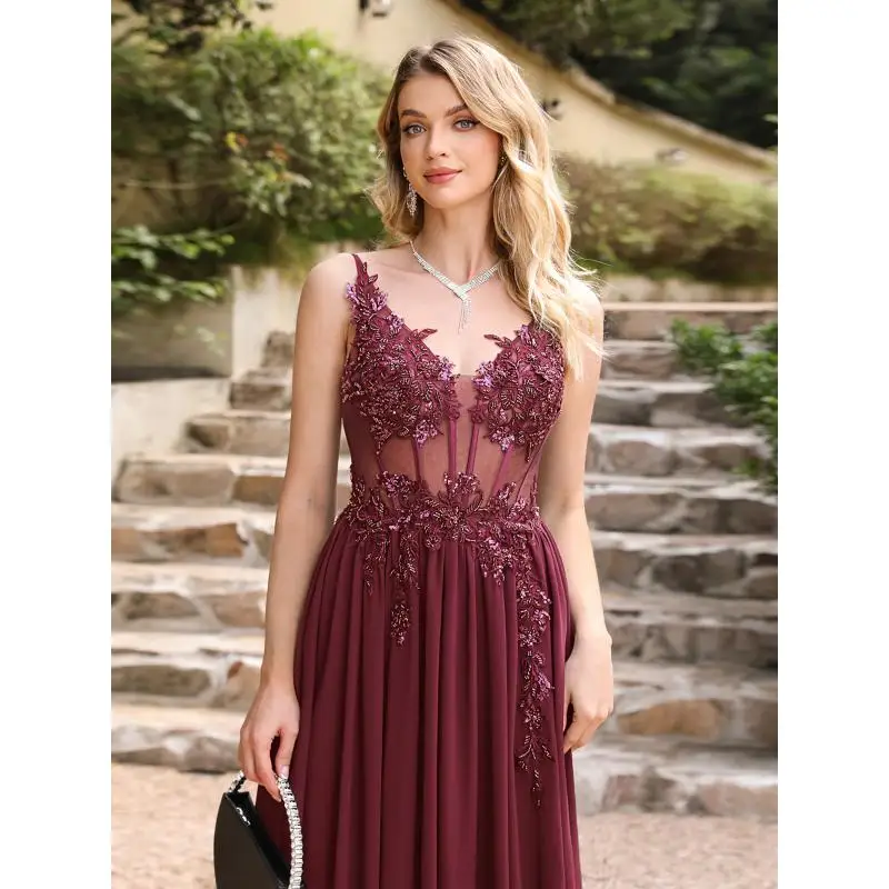

Burgundy Evening Dress Sling Dresses Lace Appliques Spaghetti Straps V-Neck Sexy Illusion Backless A-Line Maxi Prom Dresses 2026