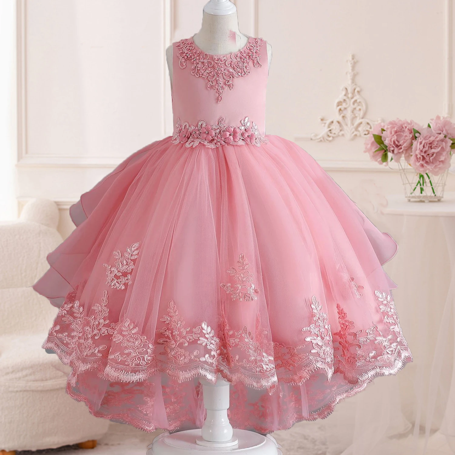 

Elizabeth Fashion Little Girls Lace Embroidered Flower Girl Dress Birthday Party Pageant Hi-Lo Gown AT122