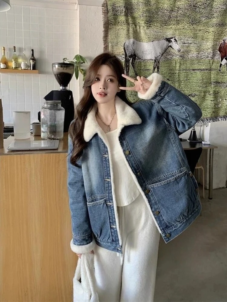 

Women's Plus Velvet Thickened Denim - Water Washed Casual Oversized Korean Style Warm Winter Coat