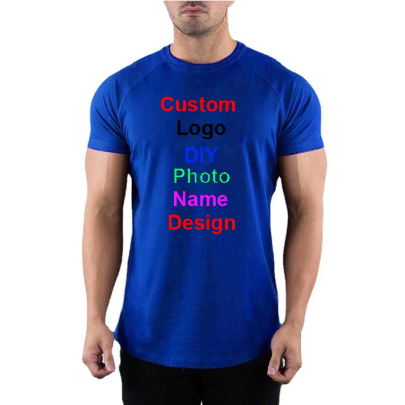 Customized  DIY Brand Logo Cotton O Neck Short Sleeve T-shirt Mens Fitness Workout Bodybuilding Running Tee Tops Summer Clothing image 4