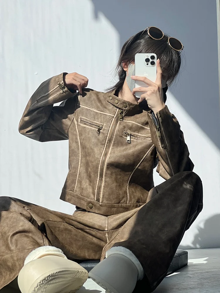 レトロアメリカンブラックレザージャケットショートスタイルレディースファッションストリートウェア春秋クールセクシートップトレンディショルダーパッド