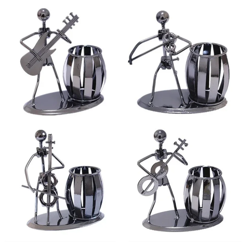 Iron Musician Figurine Guitar Bass Violin Cello Miniatures Creative Music Player Pen Holder Figurines Home Decor