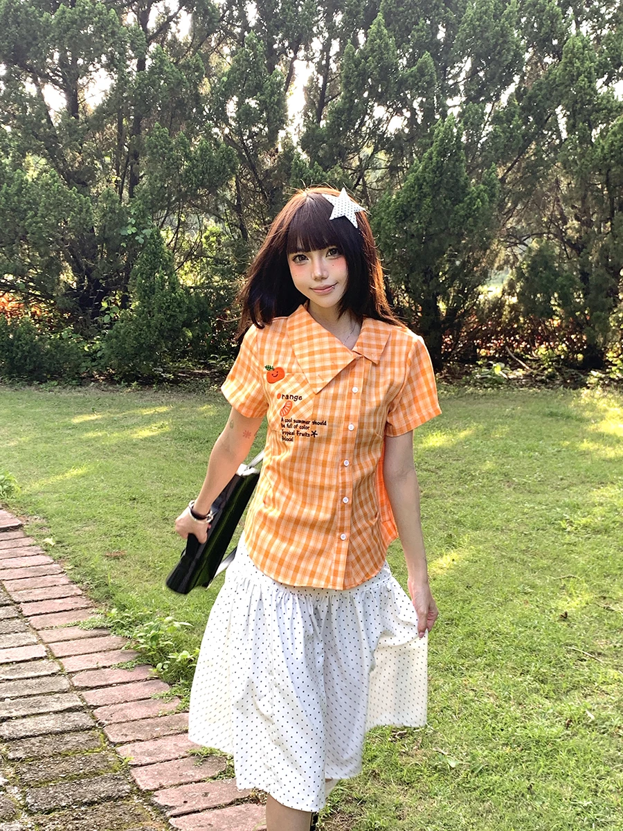 

Summer Slim Fit Short Sleeve Shirt Women's Waist-Cinching Casual Cartoon Fruit Patterned Shirt Street Style Fashion Top