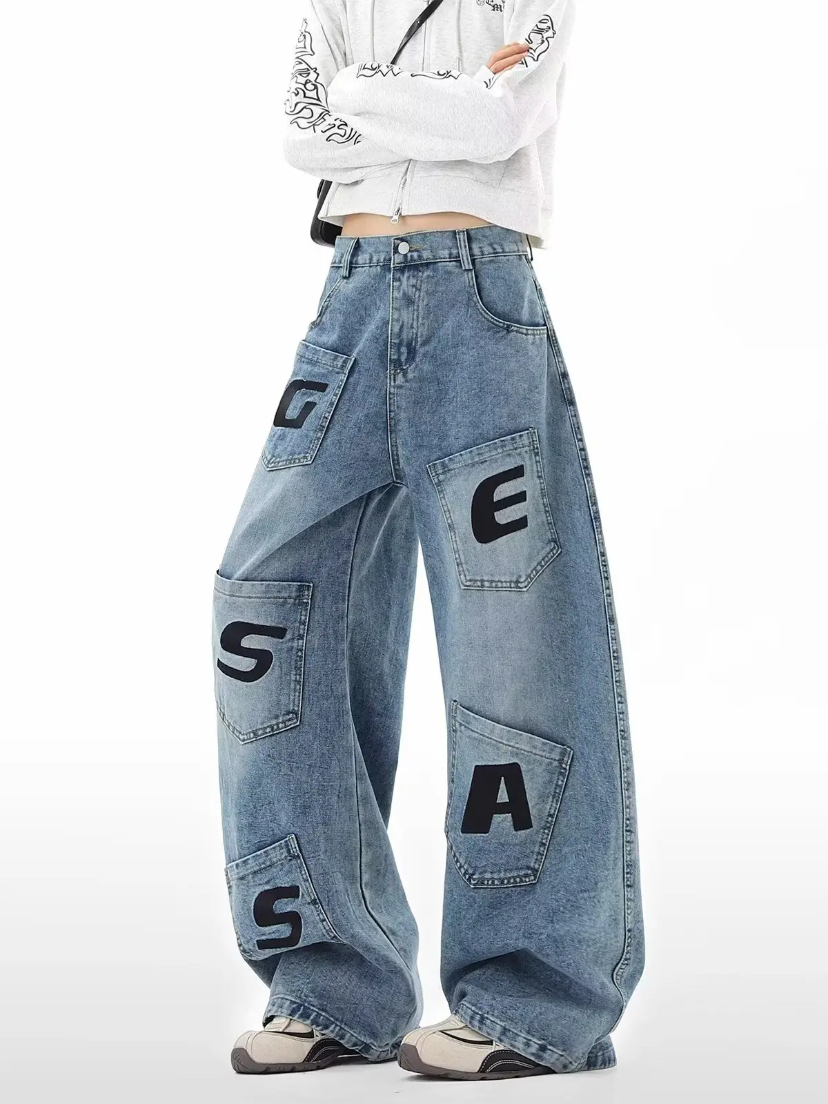 

American Retro Knife ket Jeans Men Women Casual Loose Drapey Floor-Length Pants Youth Denim Jeans mid Waist Zipper Fly