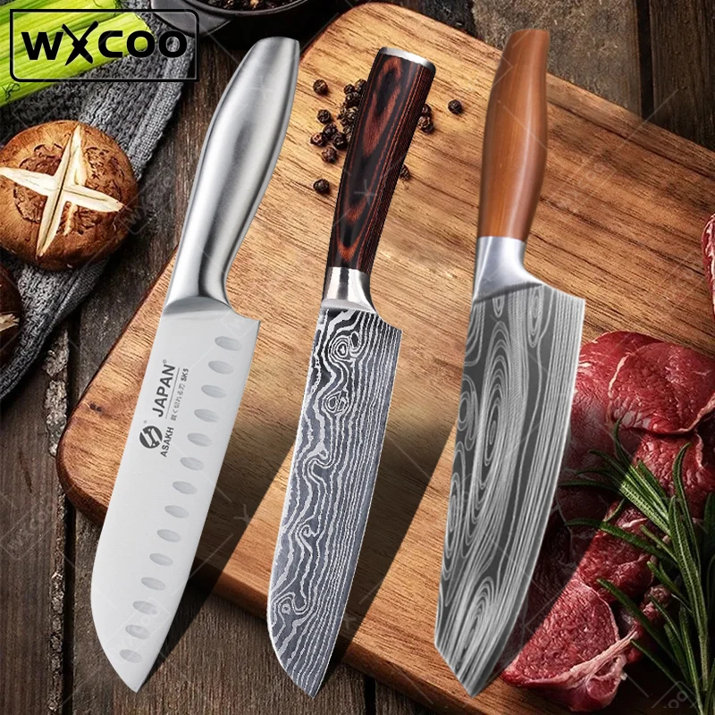 

WXCOO Japanese Kitchen Chef's Knife Damascus Laser Pattern Stainless Steel Kitchen Knives Multi-purpose Fruit Santoku Knife