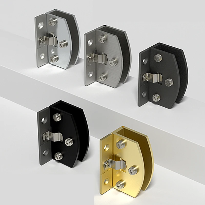 Complete Set Of Fixed Hardware Accessories For Glass Cabinet Door Hinges With Non Perforated Curved Edges And Hinge Bases