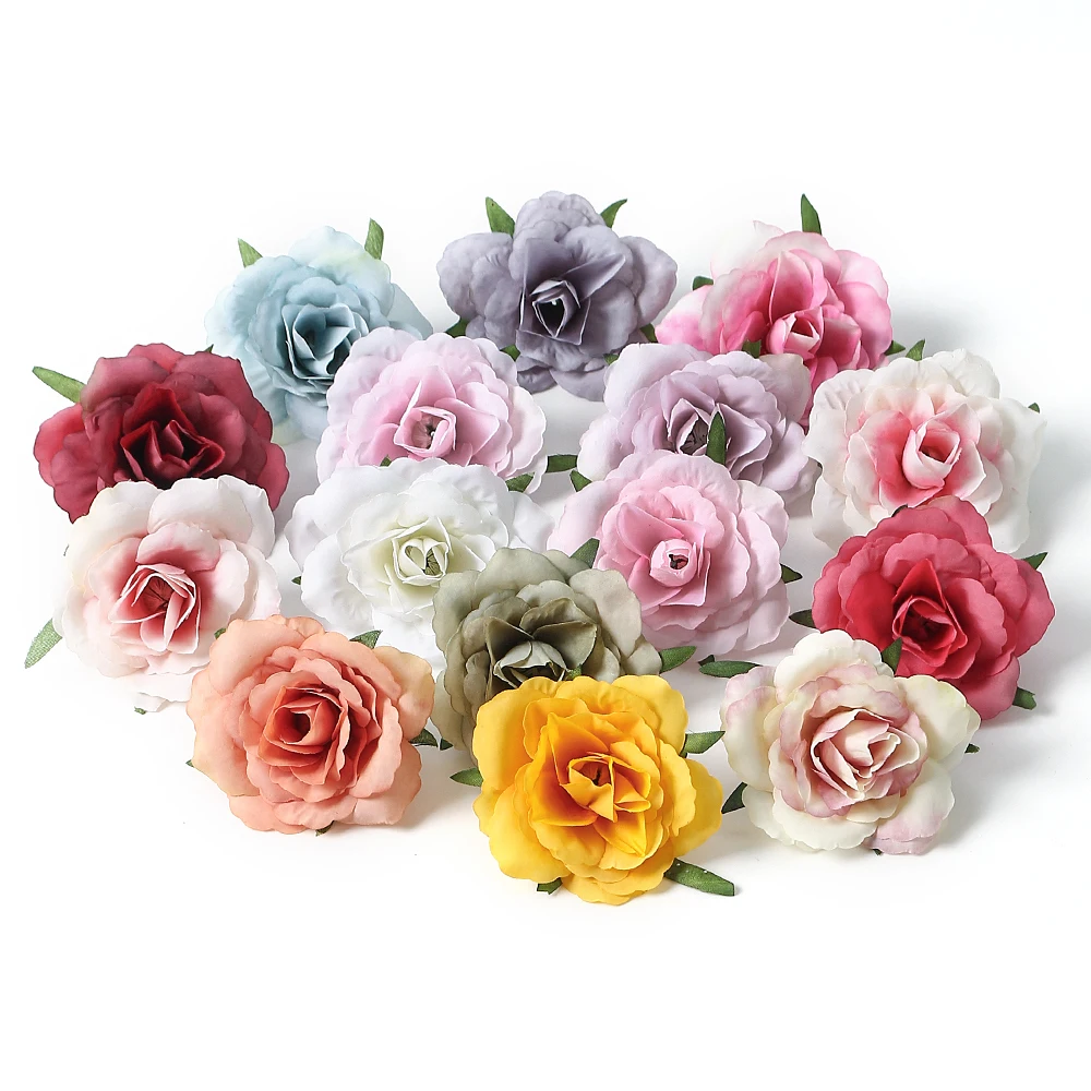 Flores artificiales para decoración del hogar, cabeza de rosa de seda para boda, corona de bricolaje, suministros de álbum de recortes, accesorios, 10 piezas