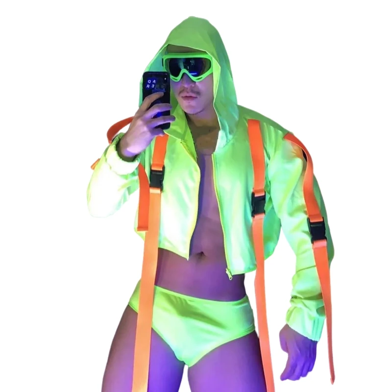 Club Party Show DJ Male Dancer Stage Wear Nightclub Bar Sexy Fluorescent Green Orange Bandage Hooded Jacket Shorts 2 Piece Set