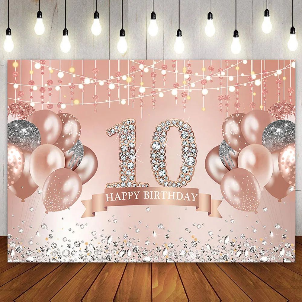 

Happy 10th Birthday Backdrop for Girls Ten Years Old Pink Rose Gold 10 Bday Party Decoration Cake Banner Photography Background