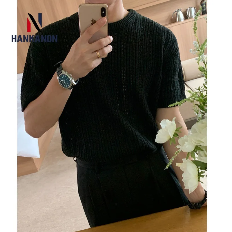 Solid Color Hollowed Out Men's Short Sleeve Knitted Sweater, 2024 High-quality Summer  Round Neck T-shirt, Breathable, Loose