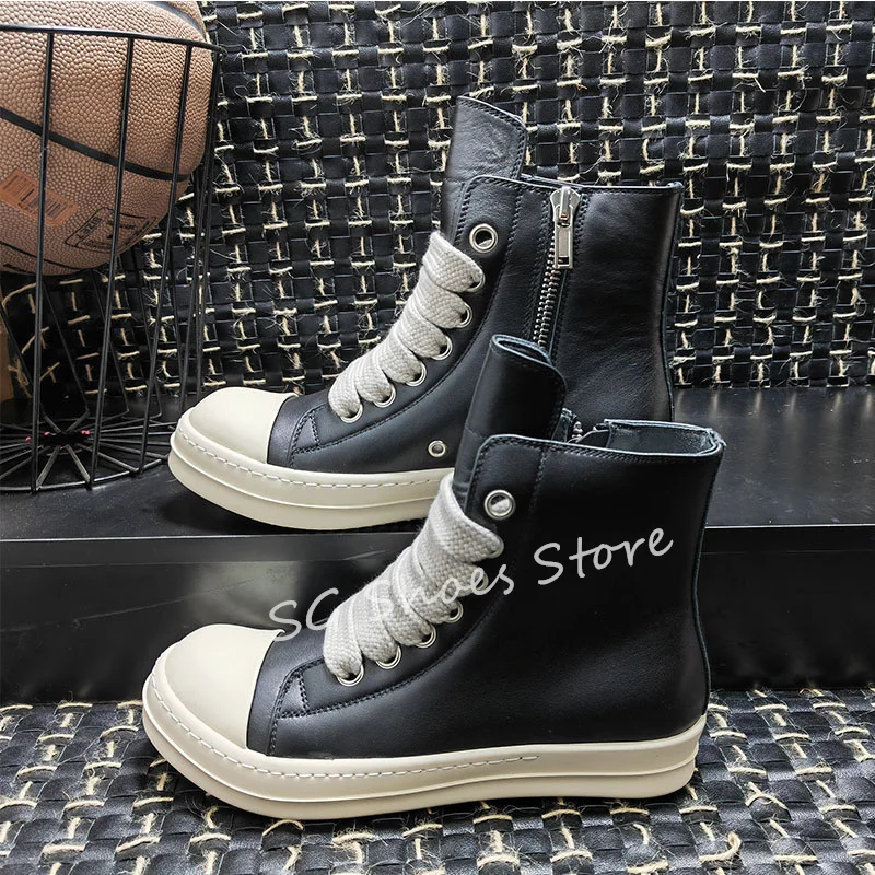 Luxury Brand Genuine Leather High Top Sneakers for Couple Chunky Bottom Lace-Up Casual Shoes Men and Women Sport Short Boots