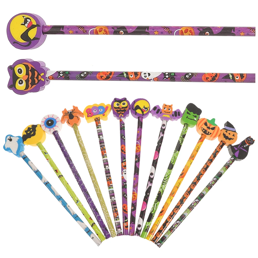 18Pcs Halloween Theme Pencils Kids Halloween Party Favors Pencil With Pumpkin Skull Heads Ghost Bat Erasers Birthday Stationery