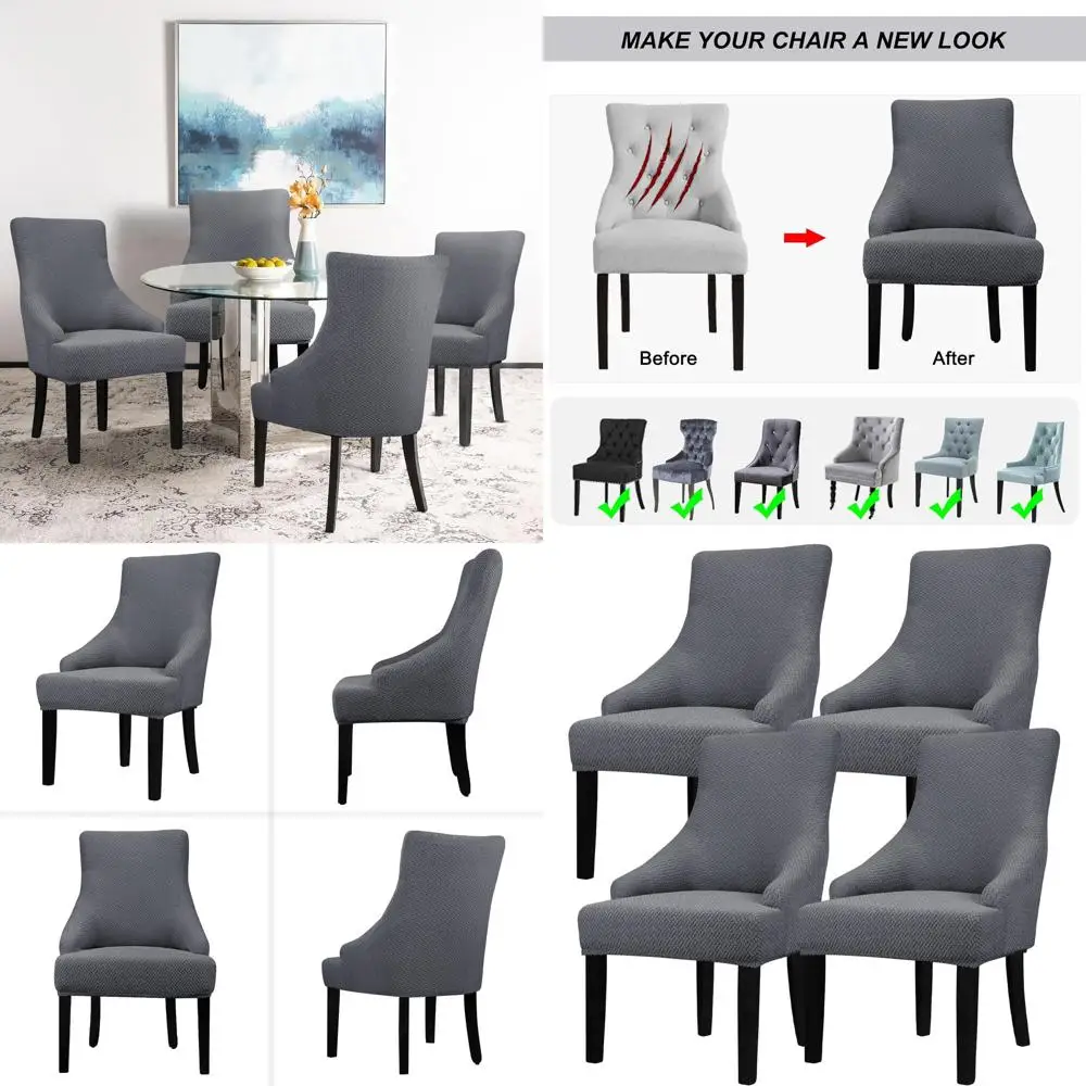 

Renewable Wingback Chair Slipcover Set - 4-Piece Dark Grey Covers for Side Chairs, Arm Protectors, Dining & Living Room Decor
