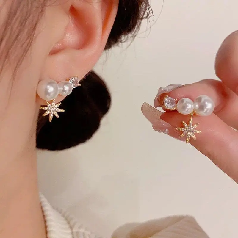 Elegant Eight-Pointed Star Pearl Stud Earrings for Women Delicate Sparkle Zircon Earrings Party Wedding Jewelry Accessories Gift