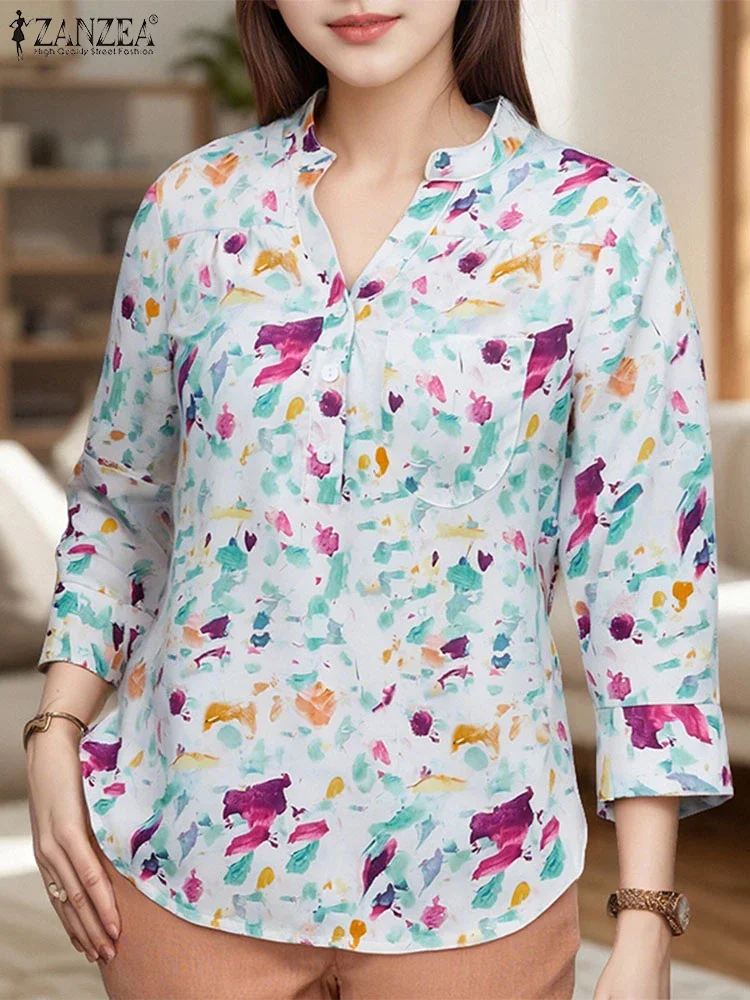 

ZANZEA Vintage Shirts 2025 Summer Autumn Women Floral Printed Blouse 3/4 Sleeve V-Neck Buttons Casual Loose Fashion Tunic Tops