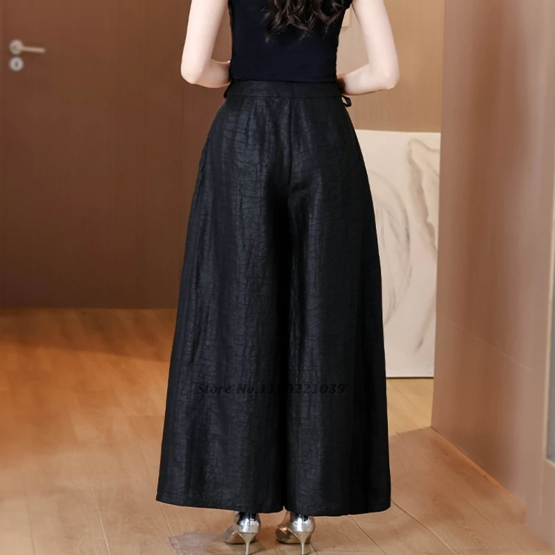 2025 السراويل الصينية خمر الرجعية الساتان السراويل الشعبية الوطنية زهرة التطريز السراويل العرقية مرونة الخصر واسعة الساق السراويل