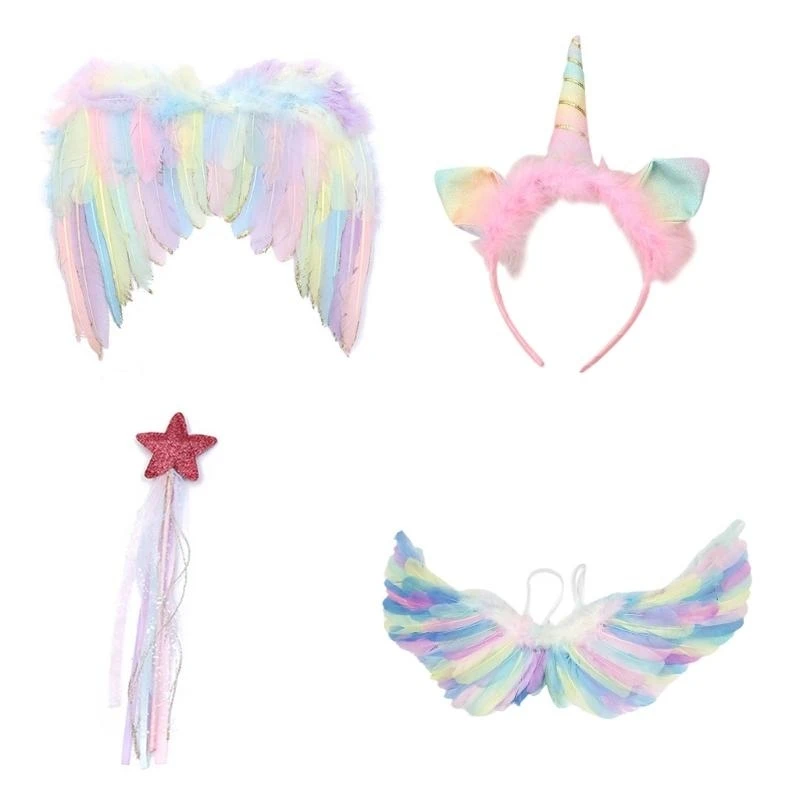 39BC Girls Headband Feather-Wing Cos-play Party Costume Fairy Wand Baby Girls Photography Props Children Angel Wing