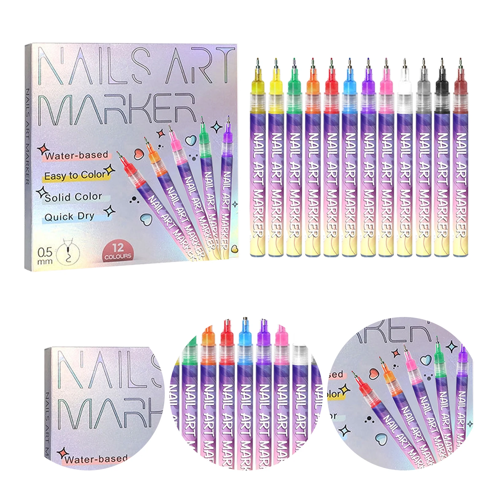 

Набор из 12 водостойких маркеров для дизайна ногтей, ручки для рисования и декорирования ногтей, для домашнего и салонного использования