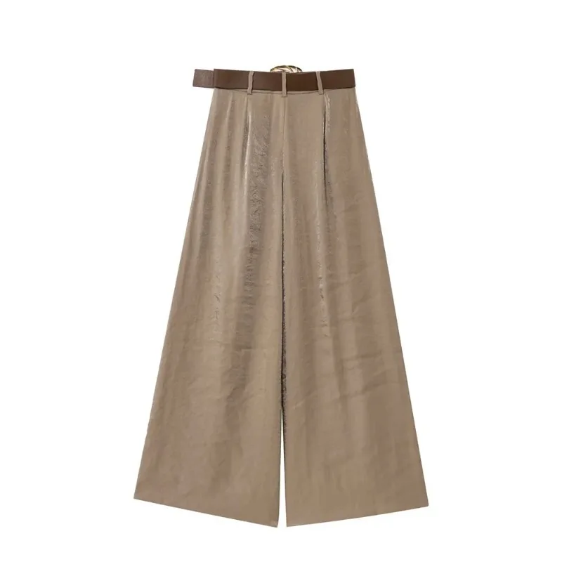 

Весенние элегантные женские однотонные брюки с боковыми карманами на молнии, повседневные широкие брюки-палаццо, женские шикарные свободные брюки с декором в виде складок и поясом