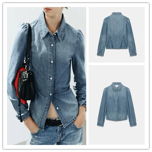 Early Autumn New Arrival Women's Denim Shirt Flared Jeans ZR Style Long Sleeve Button up Fashion Set Polyester Fiber Universa...