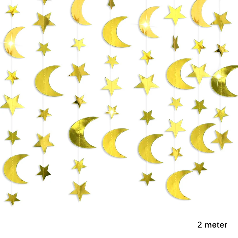 Ramadan-Papierbanner, Dekor, Eid Mubarak, hängende Dekoration, Glitzer, Gold, Blau, Mond, Stern, Papierschnur, Girlande, Ramadan-Dekor 2026 – Detail 1