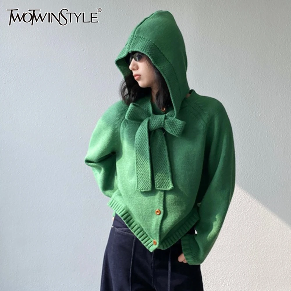 

TWOTWINSTYLE Solid Spliced Lace Up Chic Sweater Female Hooded Long Sleeve Loose Korean Sweet Women's Sweaters Autumn Fashion New