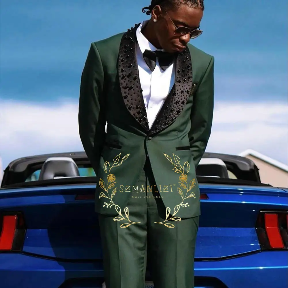 

Темно-зеленые свадебные костюмы из бисера для мужчин, комплект блейзера с шалью и лацканами на заказ, смокинги для жениха, модный костюм жениха, куртка с брюками