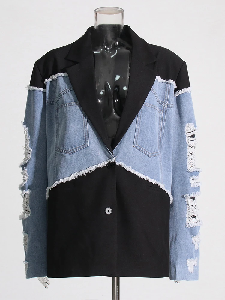 Twot winstyle Hit Farbe aushöhlen Patchwork Knopf Blazer für Frauen gekerbt Coller Langarm gespleißt Denim Chic Blazer weiblich