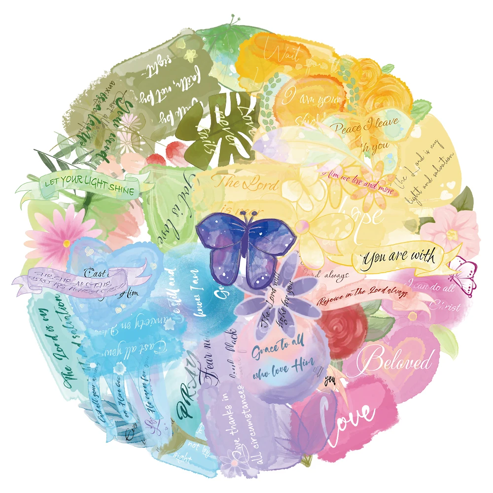 50PCS Creative Watercolor Dyeing English Stickers Decorative Water Cup Phone Case PET Transparent Material Personalized Stickers