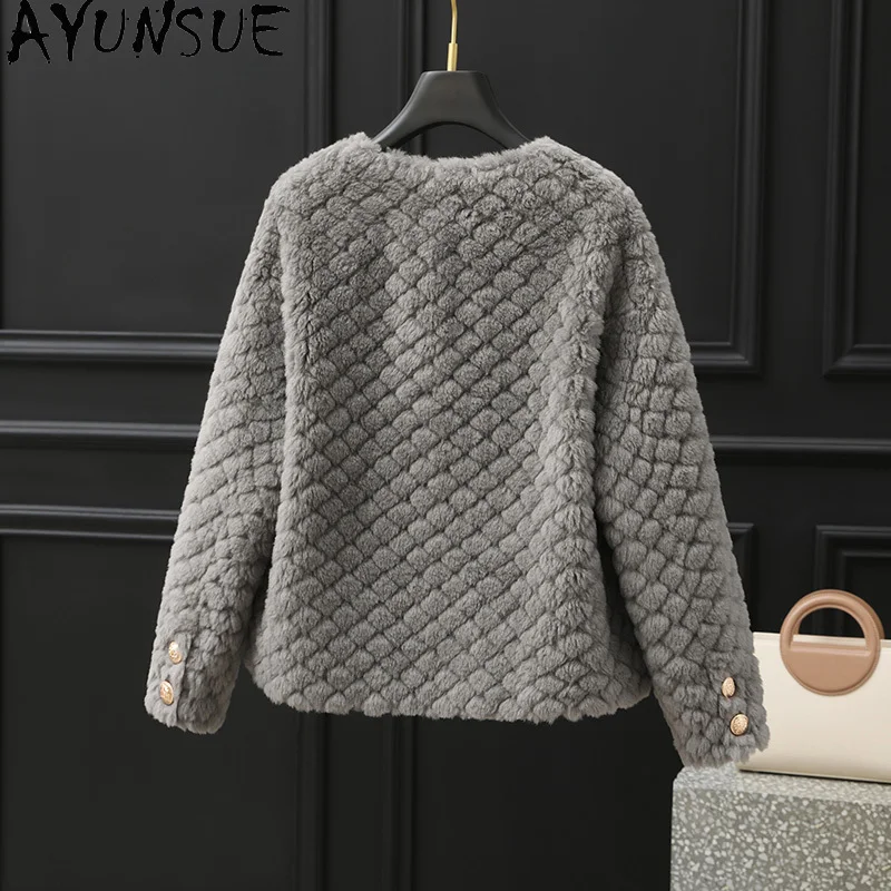 معطف صوف 100% من AYUNSUE للنساء 2025 سترة شيرلينغ من الفرو والحبوب المركبة للخريف والشتاء ملابس نسائية كورية