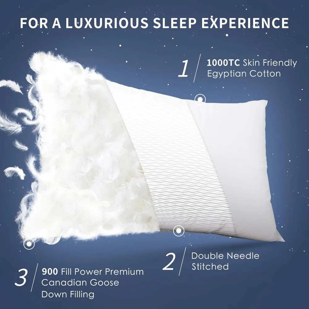 Pillow-Pillow-Luxury Canadian White Goose Down Pillow - 900+ Fill Power, Soft Down Pillow For Sleeping, Fluffy Queen Pillow For