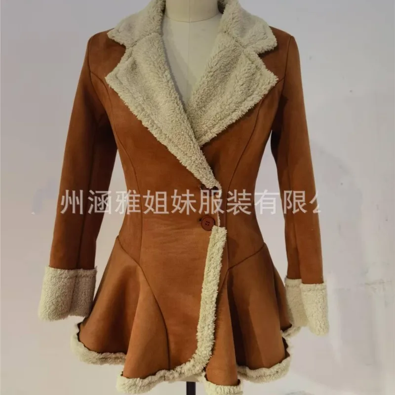 2025 Autumn Winter New Versatile Solid Color Women Casual Loose Jacket Fashion Lapel Female Plush Thick Medium Long Coat