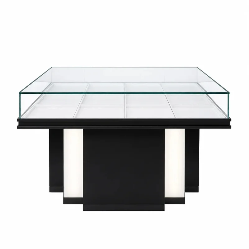 custom.Minimalist Square Jewelry Display Showcase with LED Lighting Glass Top Customizable Storage Base