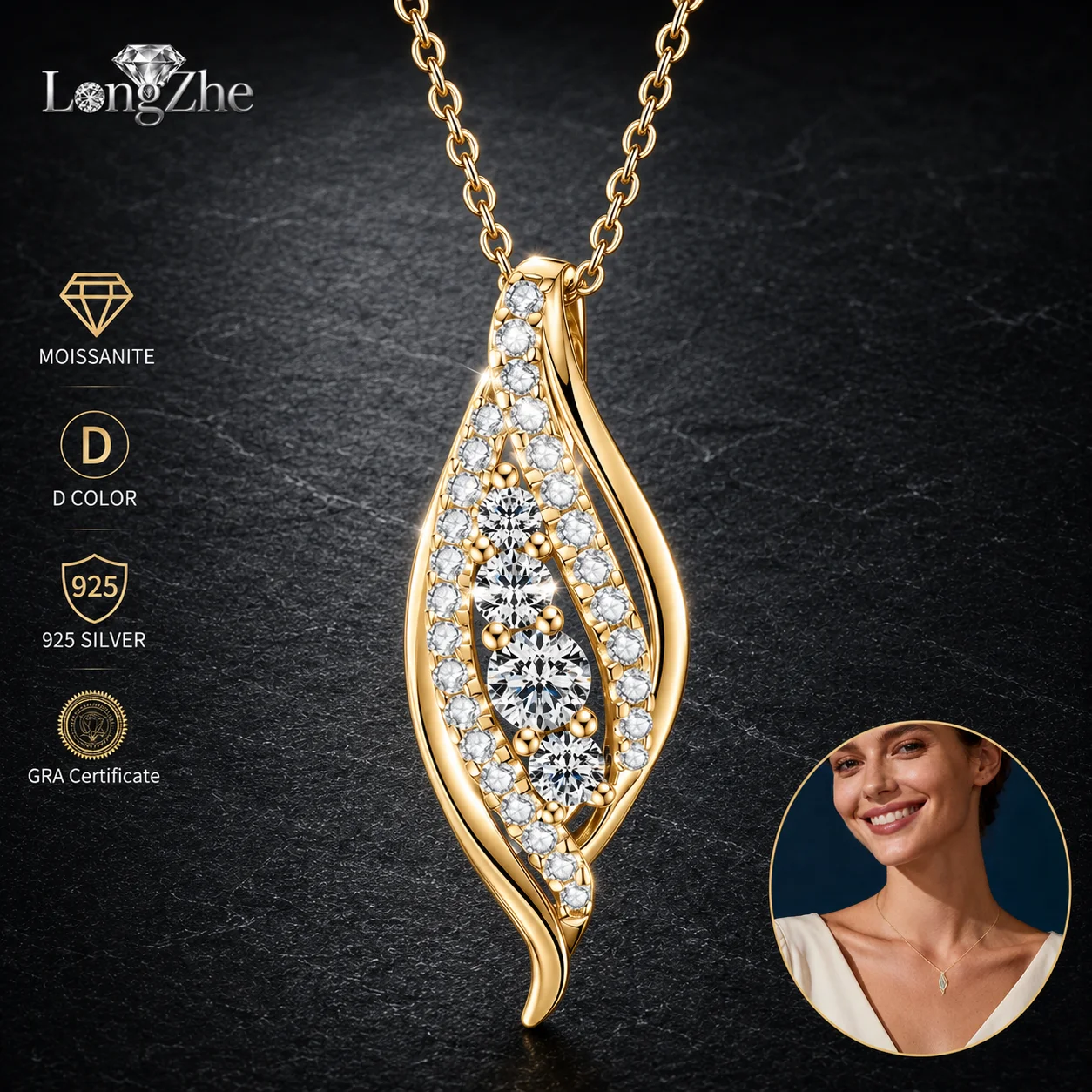 

S925 Sterling Silver Moissanite Leaf Necklace Teardrop Pendant Silver Gold Tone Elegant Jewelry for Women Daily Wear Gift
