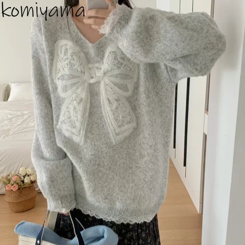 Loce Sweater wanita musim gugur musim dingin, pakaian luar gaya malas Korea, pullover rajut, leher V longgar, pakaian musim gugur dan musim dingin 2025