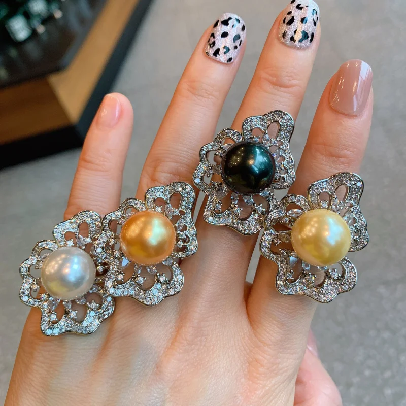 

White Diamond Mother-of-Pearl Pearl Ring for Women Adjustable Pearl Jewelry for Banquet