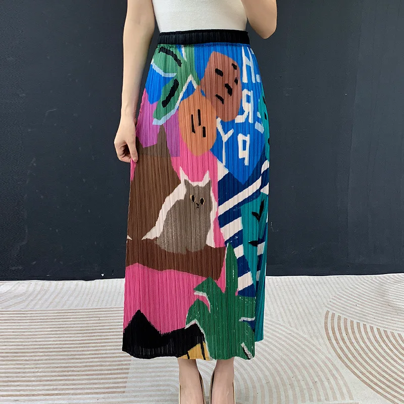 

Miyake Summer New Women's Cat Print Pleated Skirt High-Waisted Elastic Slimming Elegant High-Waisted Straight Bottoms