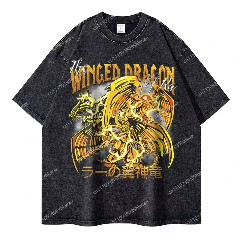 Anime Yu Gi Oh T Shirts Vintage Washed Dark Magician Girl T-shirt Retro Streetwear Manga Black Magician Short Sleeve Tops Tee